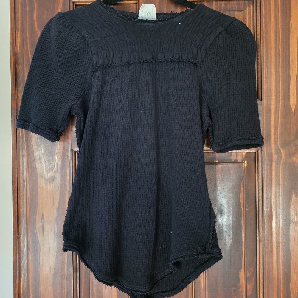 Free People Black Textured Short Sleeve Top